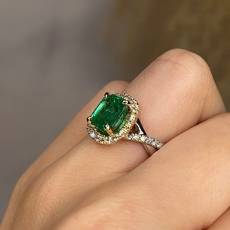 Sparkly Diamond Ring-"Aarti" 2.40 Carat Emerald Gem Lab Grown Diamond Halo Pave Engagement Ring