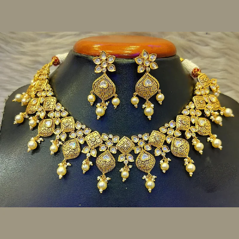 Custom Birthstone Jewelry Necklace-Jain Jewellers Gold Plated Polki Kundan Stone Necklace Set