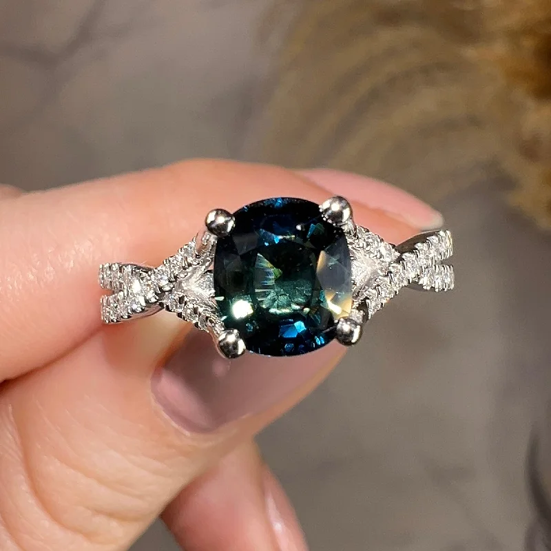 Rose Gold Stackable Ring-"River" Teal Cushion Cut Sapphire Crossover Diamond Shoulders Engagement Ring