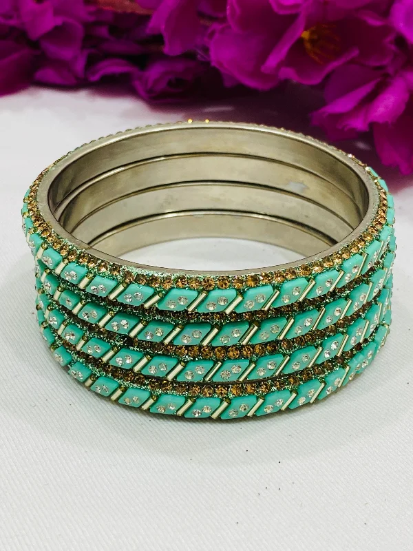 Unique Gold Bangles Set-Pleasing Pista Green Color Metal Bangles With White Stone For Women