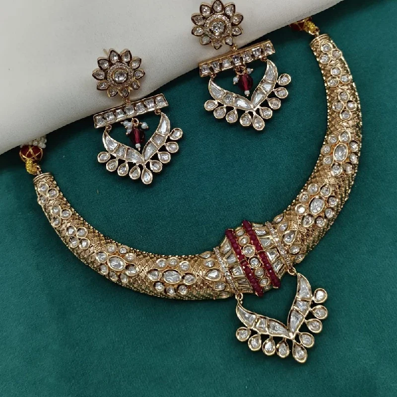 Customizable Birthstone Necklace-Shagna Gold Plated Polki Kundan Stone Necklace Set