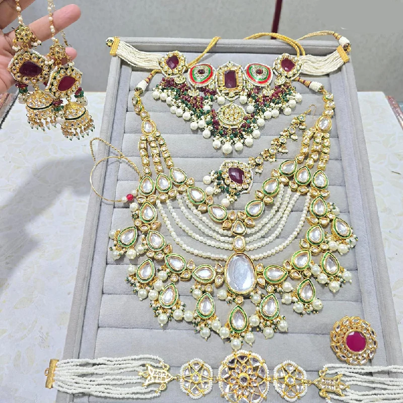 Modern Gold Necklace-JCM Gold Plated Kundan Stone Beads And Pearls Necklace Combo Set