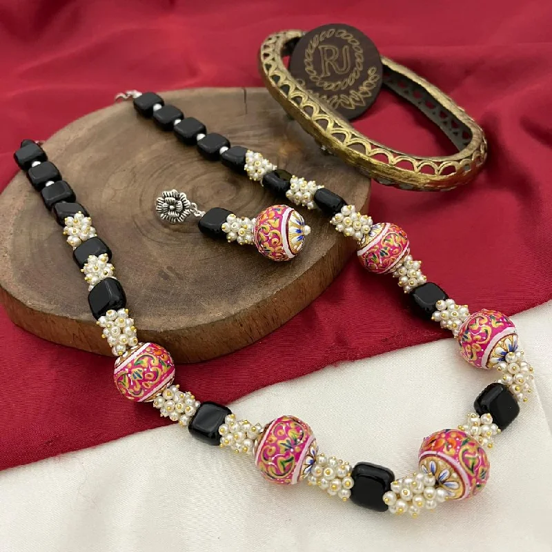 Silver and Pearl Necklace-FS Collection Oxidised Plated Meenakari And Pearls Long Necklace Set