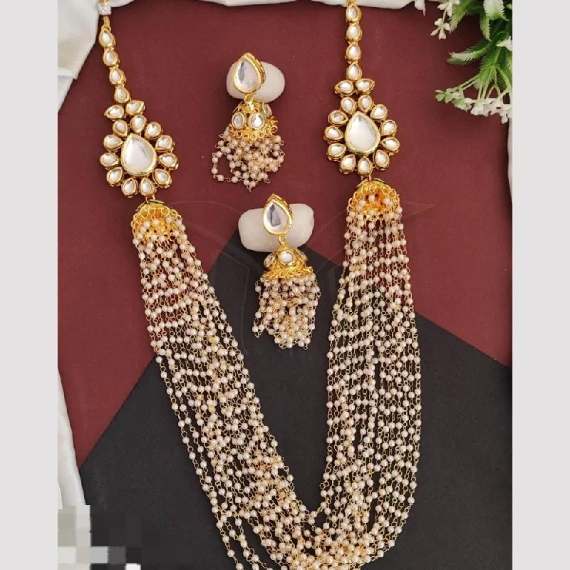 Dainty Chain Necklace-FS Collection Gold Plated Kundan Stone And Pearls Long Necklace Set