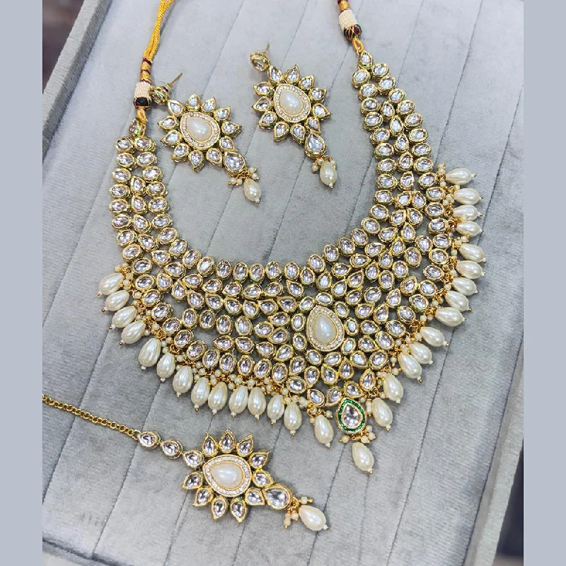 Elegant Pearl Drop Necklace-JCM Gold Plated Kundan Stone And Pearls Necklace Set