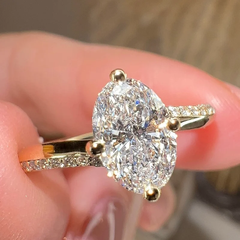 Unique Statement Ring-"Halle" 1 Carat Oval Cut Diamond Irregular Twist Diamond Shoulders Engagement Ring