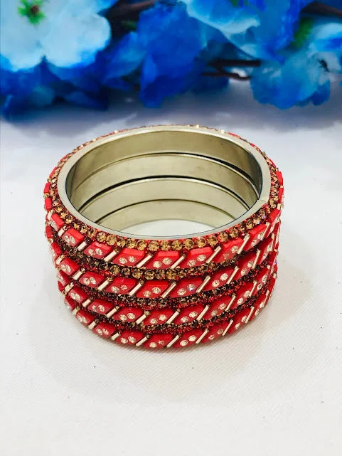 Ethnic Silver Bangles-Beautiful Stone Work Red Colored Metal Bangles For Girls