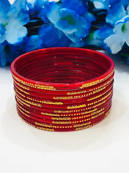 Wedding Cuff Bangles-Elegant Red Color With Unique Design Glass Bangles For Women