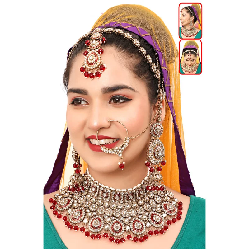 Multi-Strand Necklace-The Fashion Jewels Gold Plated Kundan Stone And Beads Semi Bridal Necklace Set