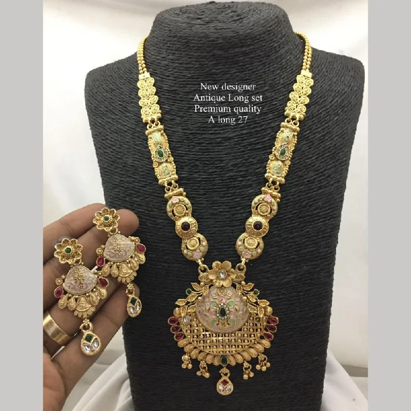 Vintage Inspired Necklace-FS Collection Antique Gold Plated Pota Stone And Pearls Long Necklace Set