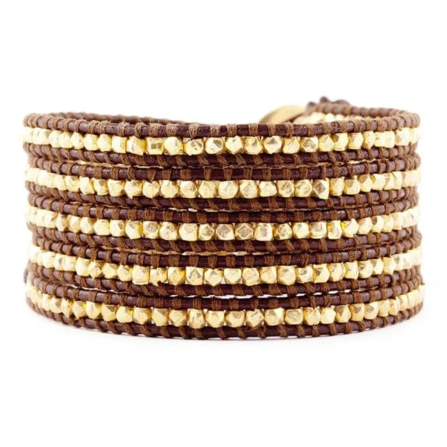 Simple Silver Tennis Bracelets-Gold Plated Sterling Silver Wrap Bracelet On Brown Leather