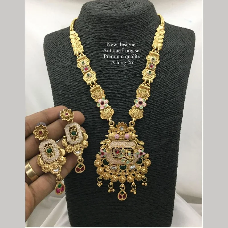 Gold Link Necklace-FS Collection Antique Gold Plated Pota Stone And Pearls Long Necklace Set