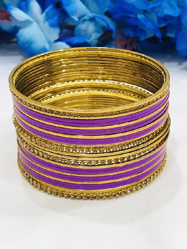 Sleek Silver Bangles-Exquisite Purple Color Party Wear Stone Designed Metal Bangles For Women