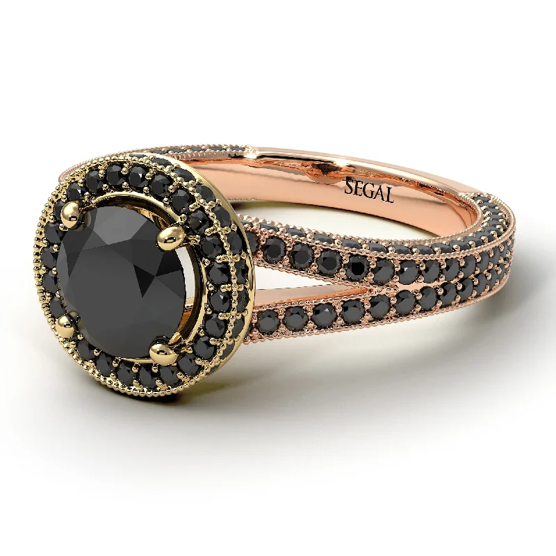 Unique Birthstone Ring-Two Tones Milgrain Round Black Diamond Engagement Ring - Payton No. 79