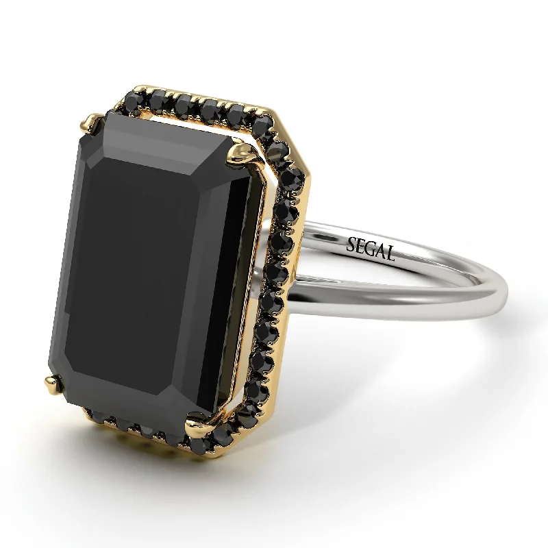 Trendy Silver Ring-Two Tones Halo Emerald Cut Halo Black Diamond Engagement Ring - Izabella No. 80