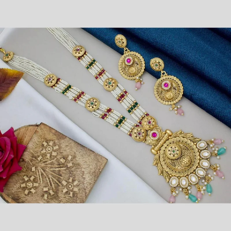 Long Dangle Necklace-Manisha Jewellery Gold Plated Kundan Stone And Beads Long Necklace Set