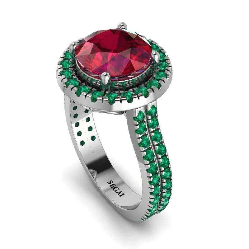 Elegant Rose Gold Ring-Gorgeous Round Cut Ruby Pave Double Shank Engagement Ring With Hidden Stone - Ellen No. 27