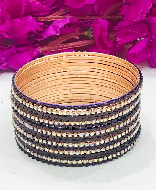 Heavy Silver Bangles-Amazing Dark Blue Colored Metal Bangles With Glister White Stones For Women