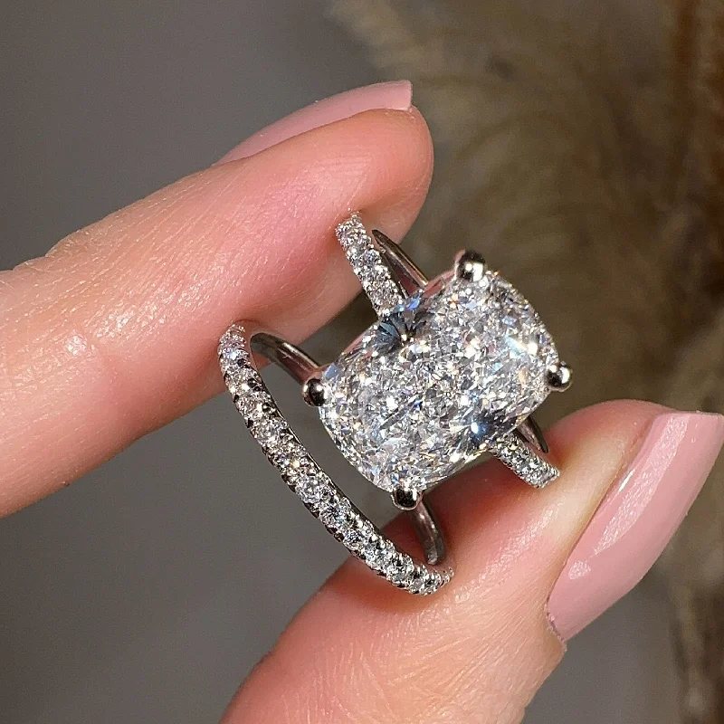 Fashion Diamond Ring-"Crussey" 5 Carat Cushion Cut Diamond Matching Bridal Set Engagement Ring