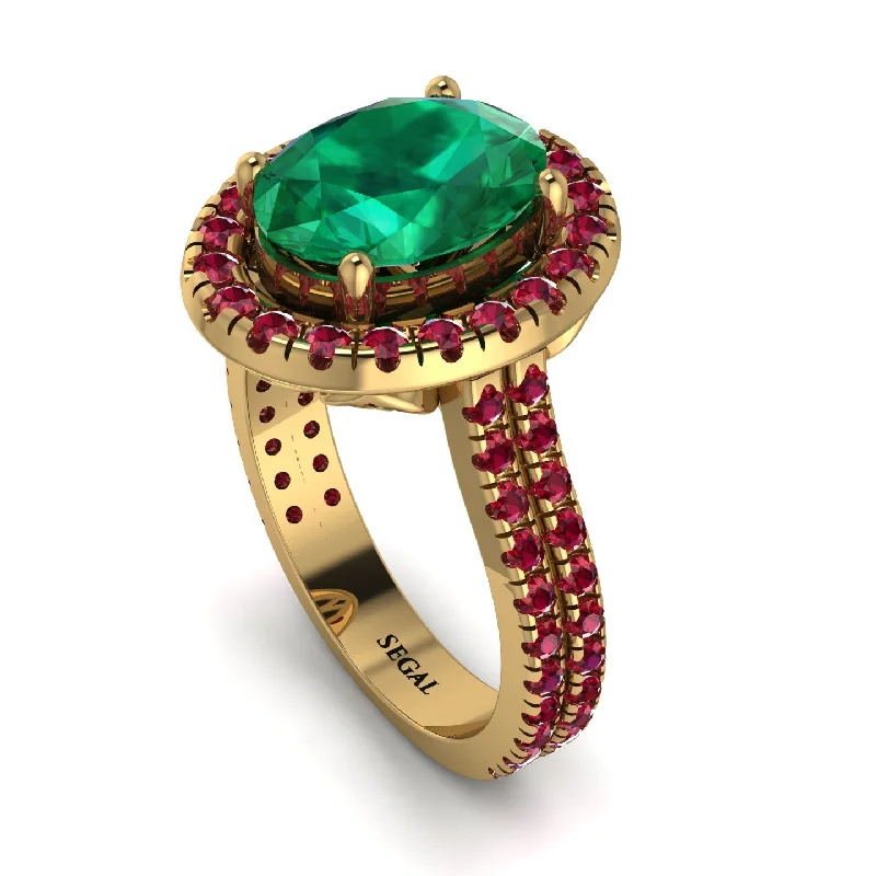 Gold Signet Ring-Gorgeous Oval Cut Emerald Pave Double Shank Engagement Ring With Hidden Stone - Phoebe No. 49