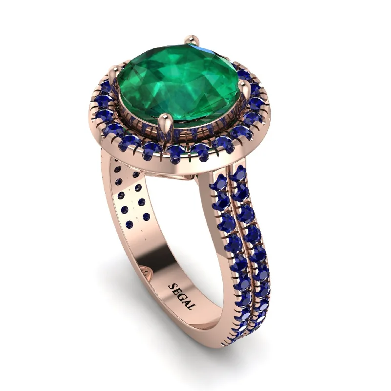 Solitaire Gemstone Ring-Gorgeous Round Cut Emerald Pave Double Shank Engagement Ring With Hidden Stone - Ellen No. 65