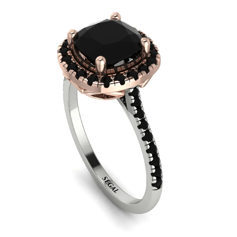 Elegant Gold Signet Ring-Two Tones Gorgeous Cushion Cut Black Diamond Pave Engagement Ring With Hidden Stone - Kira No. 81