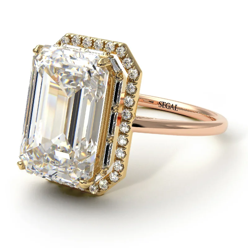 Women's Sapphire Ring-Two Tones Halo Emerald Cut Diamond Ring With Hidden Diamonds - Rowan No. 76