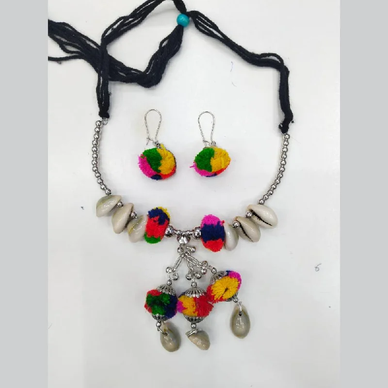 Colorful Glass Necklace-Manisha Jewellery Oxidised Plated Pom Pom And Shell Necklace Set