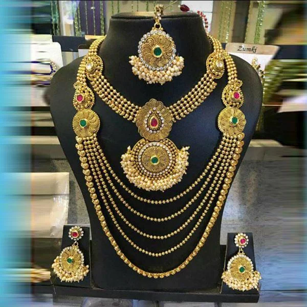 Colorful Glass Necklace-Darshana Jewels Stone Double Necklace Set With Maang Tikka