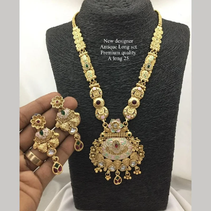 Name Necklace for Mom-FS Collection Antique Gold Plated Pota Stone And Pearls Long Necklace Set