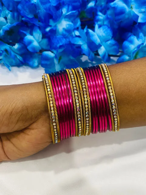 Premium Quality Silver Bangles-Pretty Pink Color Gold Tone Stone Studded Ethnic Style Thin Metal Bangle Sets