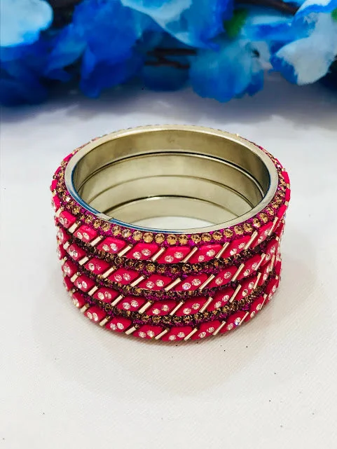 Custom Gold Bangle Set for Brides-Attractive Metal Pink Colored Stone Work Bangles For Girls