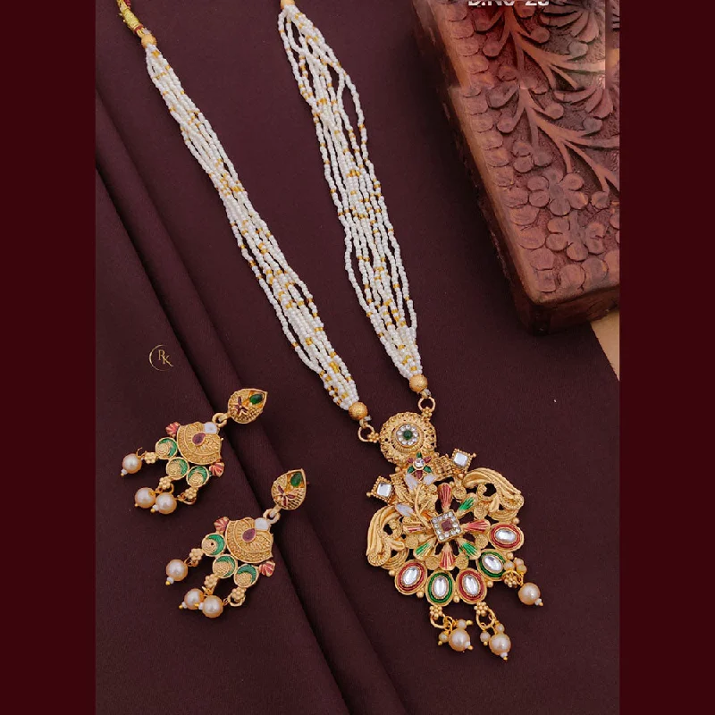 Luxury Custom Necklace-Akruti Collection Gold Plated Pota Stone And Pearls Long Necklace Set