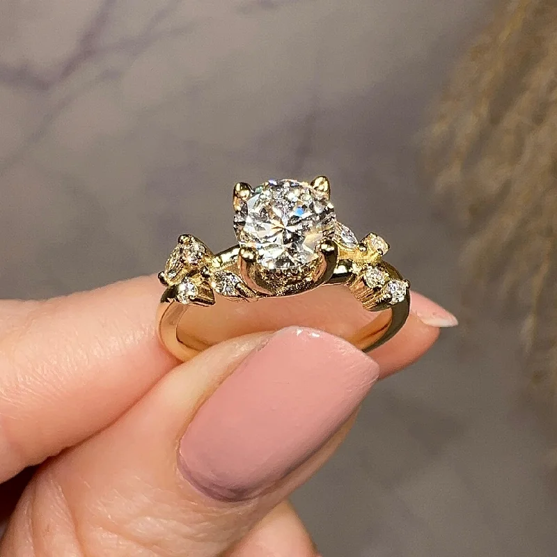 Heart Shaped Ring-"Penelope" Rose Floral Under Halo Hidden 1.25 Carat Round Brilliant Cut Diamond Yellow Gold Engagement Ring