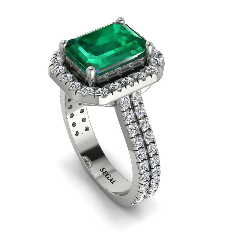 Round Diamond Ring-Gorgeous Emerald Cut Emerald Pave Double Shank Engagement Ring With Hidden Stone - Veronica No. 6