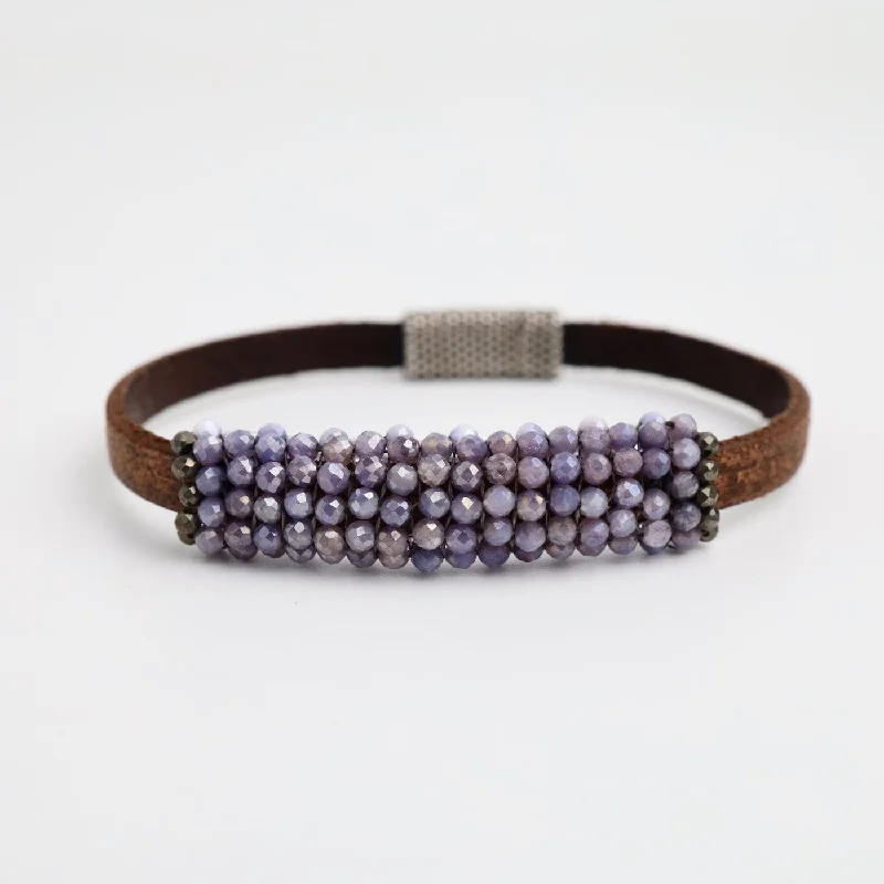 Custom Engraved Leather Bracelets-Lavender Coated Moonstones Leather Bracelet