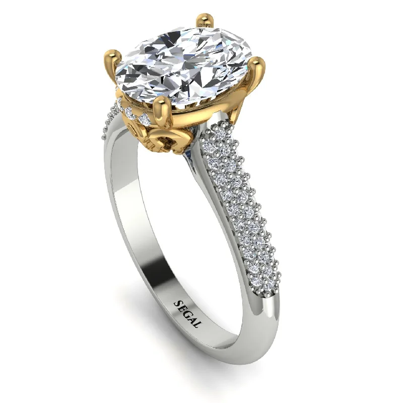 Round Diamond Ring-Two Tones Luxury Pave Oval Cut Diamond Engagement Ring With Hidden Stone - Ophelia No. 77