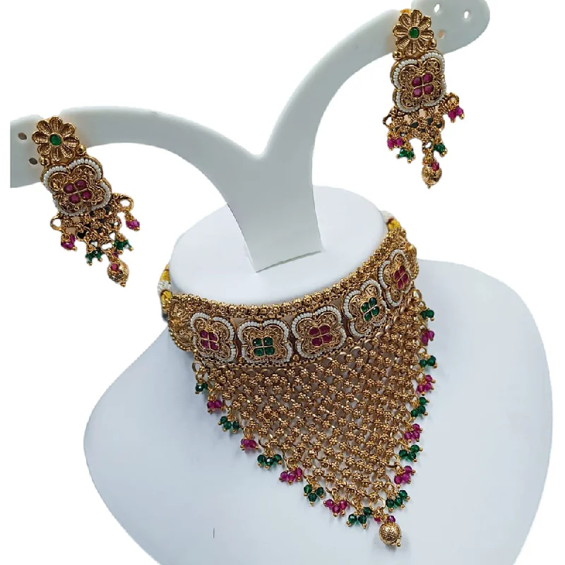 Elegant Silver Necklace-Padmawati Bangles Copper Gold Pota Stone And Beads Necklace Set