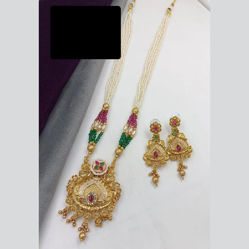 Rose Gold Layered Necklace-Manisha Jewellery Gold Plated Pota Stone And Pearls Meenakari Long Necklace Set