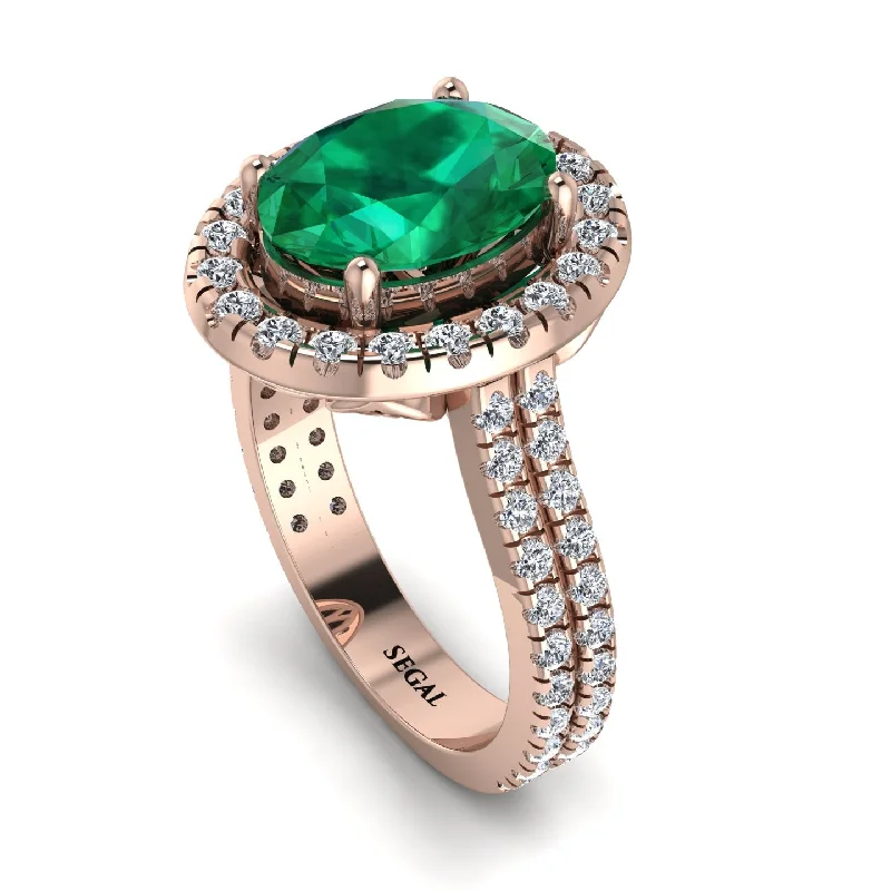 Modern Silver Ring-Gorgeous Oval Cut Emerald Pave Double Shank Engagement Ring With Hidden Stone - Phoebe No. 5