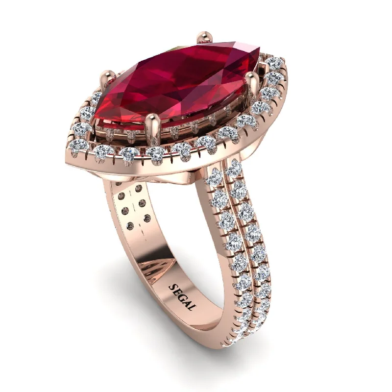 Classic Ruby Ring-Gorgeous Marquise Cut Ruby Pave Double Shank Engagement Ring With Hidden Stone - Miriam No. 11