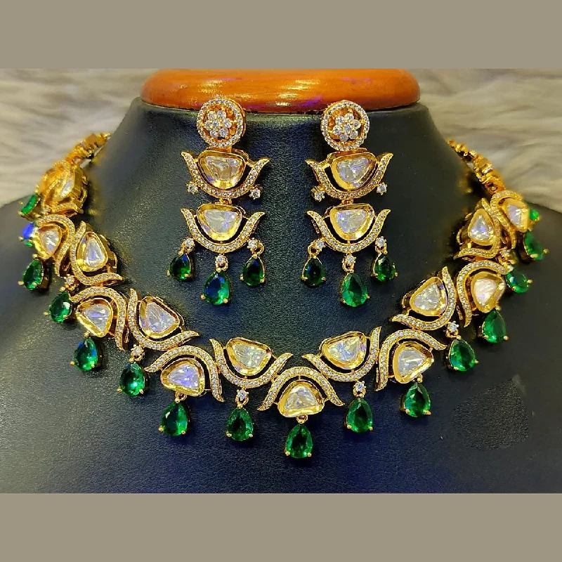 Elegant Gold Leaf Necklace-Jain Jewellers Gold Plated Polki Kundan Stone Necklace Set