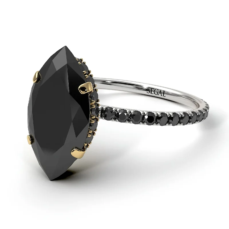 Dainty Gold Ring-Two Tones Hidden Halo Marquise Black Diamond Engagement Ring - Journey No. 80