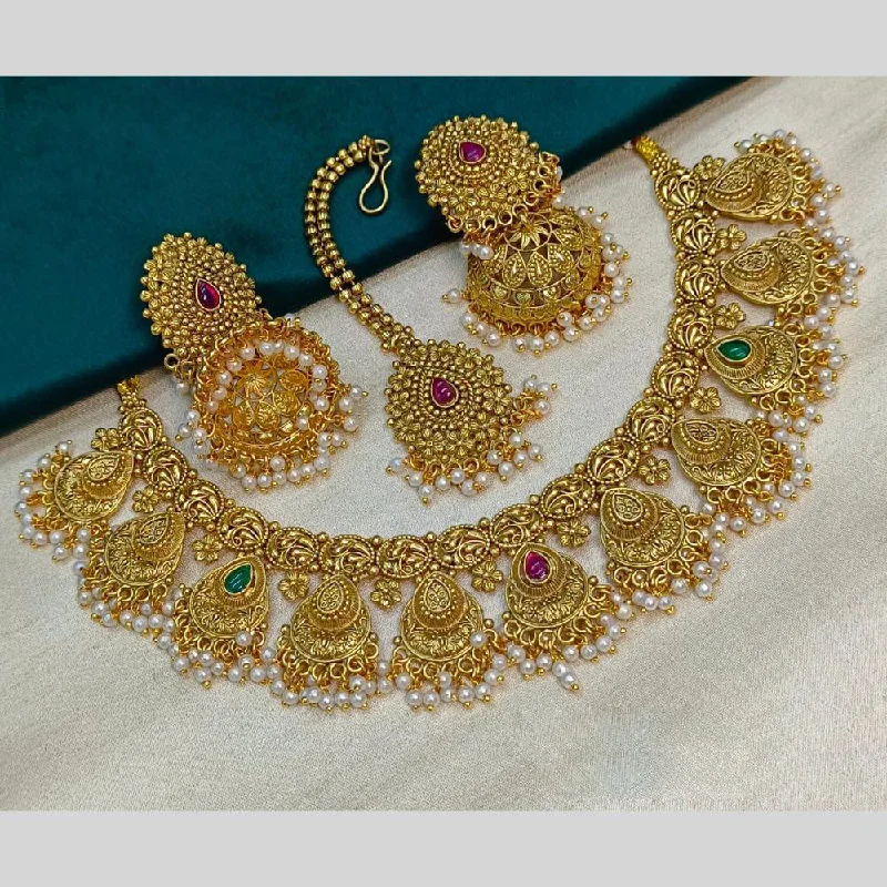 Cute Heart Pendant Necklace-Royal Kundan Jewellery Gold Plated Pota Stone And Pearls Necklace Set